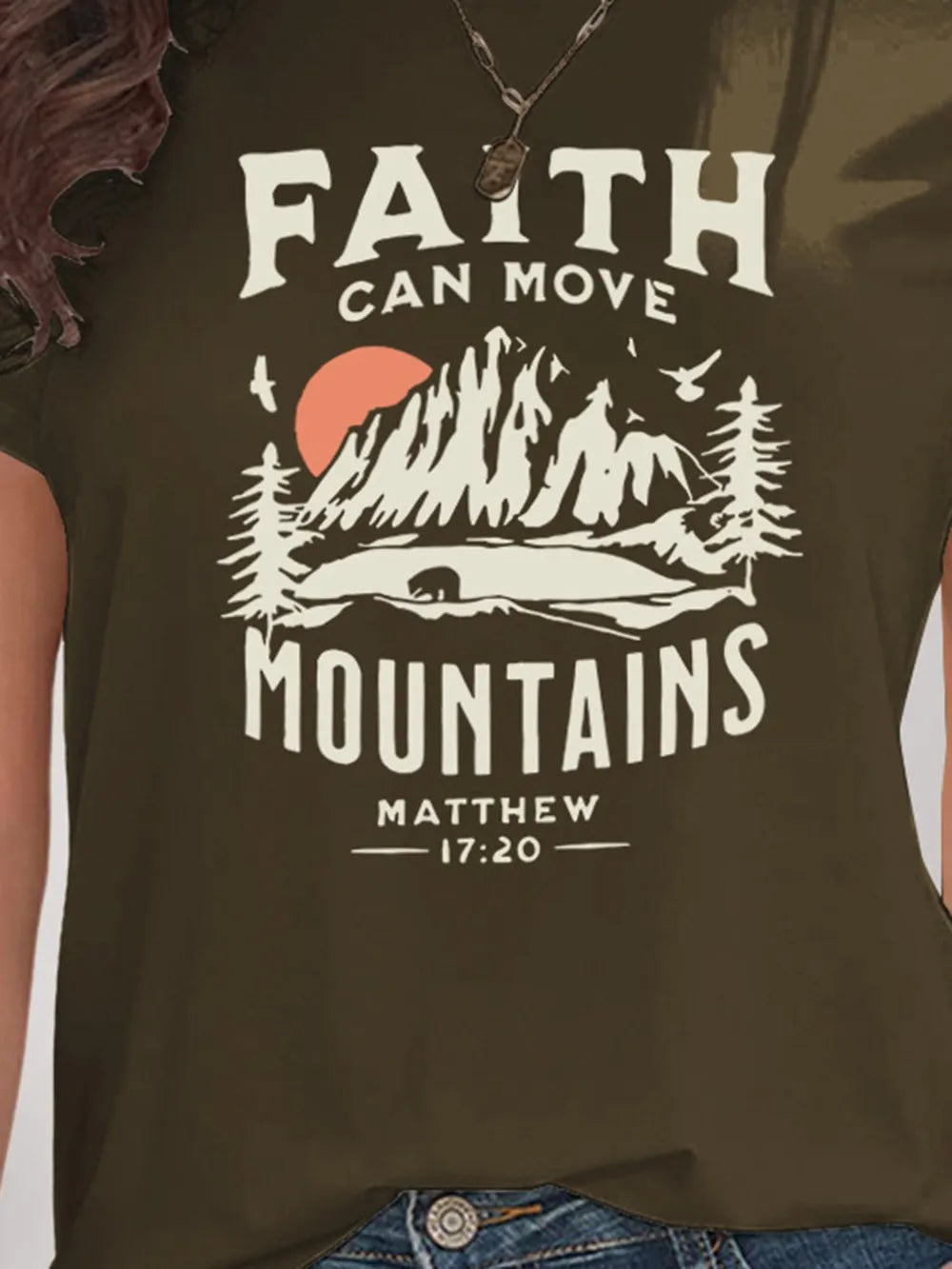 Graphic_Round_Neck_Short_Sleeve_T-Shirt-_Faith_Can_Move_Mountains-Army Green-Front-Full