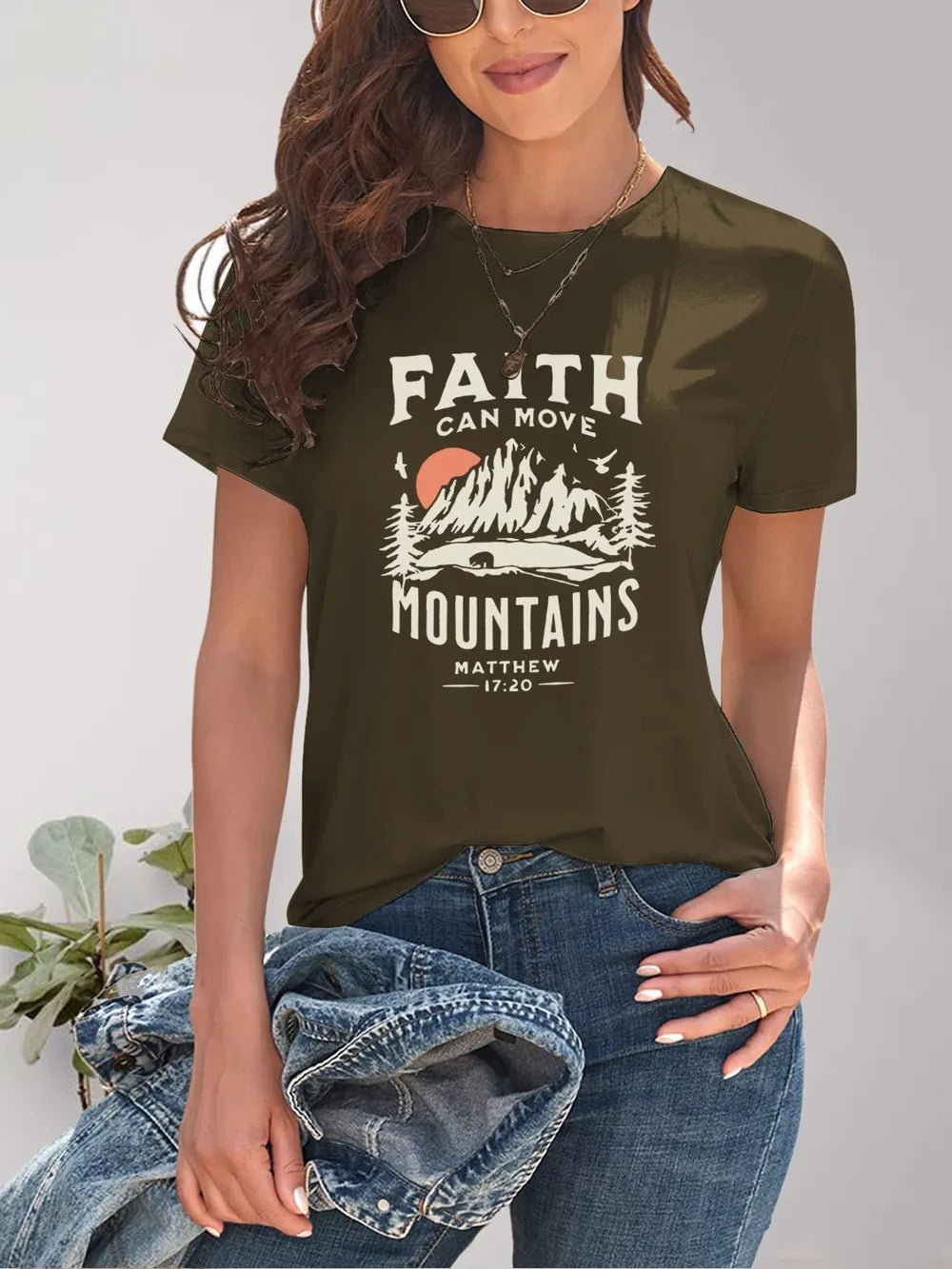 Graphic_Round_Neck_Short_Sleeve_T-Shirt-_Faith_Can_Move_Mountains-Army Green-Front
