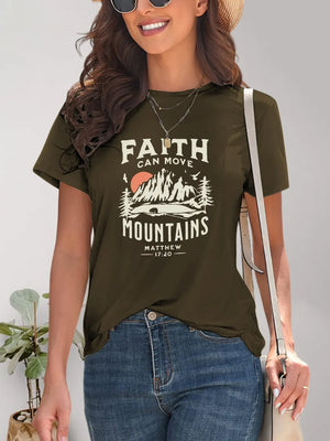 Graphic_Round_Neck_Short_Sleeve_T-Shirt-_Faith_Can_Move_Mountains-Army Green