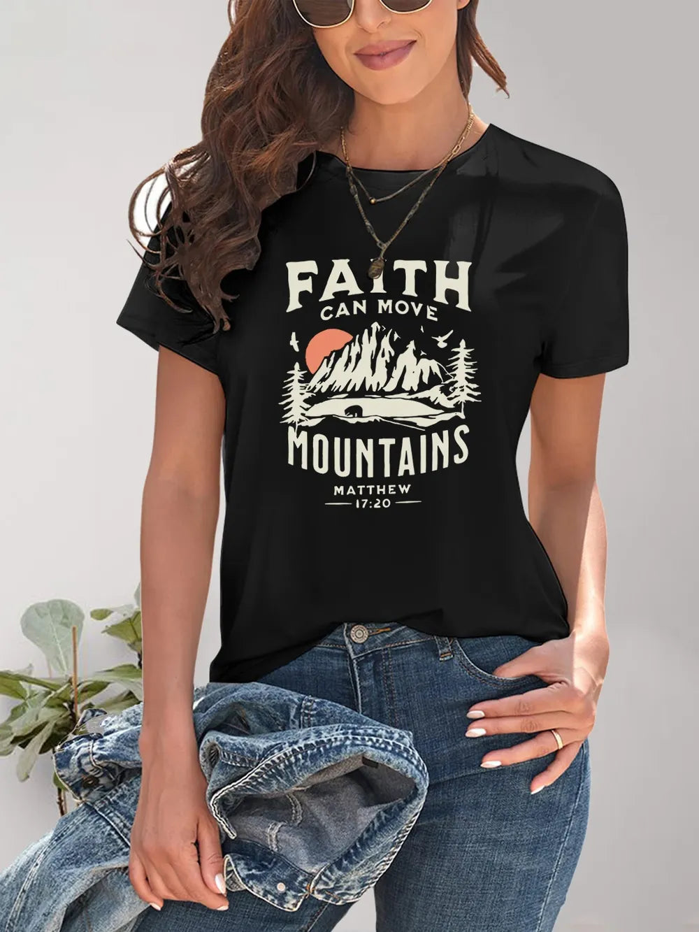 Graphic Round Neck Short Sleeve T-Shirt- Faith Can Move Mountains-Black-Front