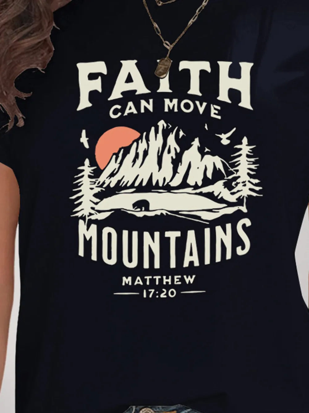 Graphic_Round_Neck_Short_Sleeve_T-Shirt-_Faith_Can_Move_Mountains-Dark_Blue-Front-Full
