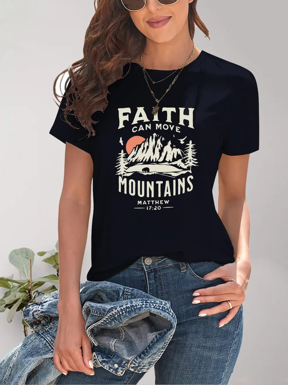 Graphic_Round_Neck_Short_Sleeve_T-Shirt-_Faith_Can_Move_Mountains-Dark_Blue-Front