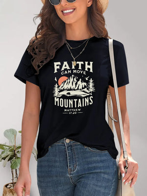 Graphic Round Neck Short Sleeve T-Shirt- Faith Can Move Mountains-Dark Blue