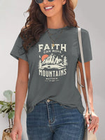 Graphic Round Neck Short Sleeve T-Shirt- Faith Can Move Mountains-Dark Gray-Front