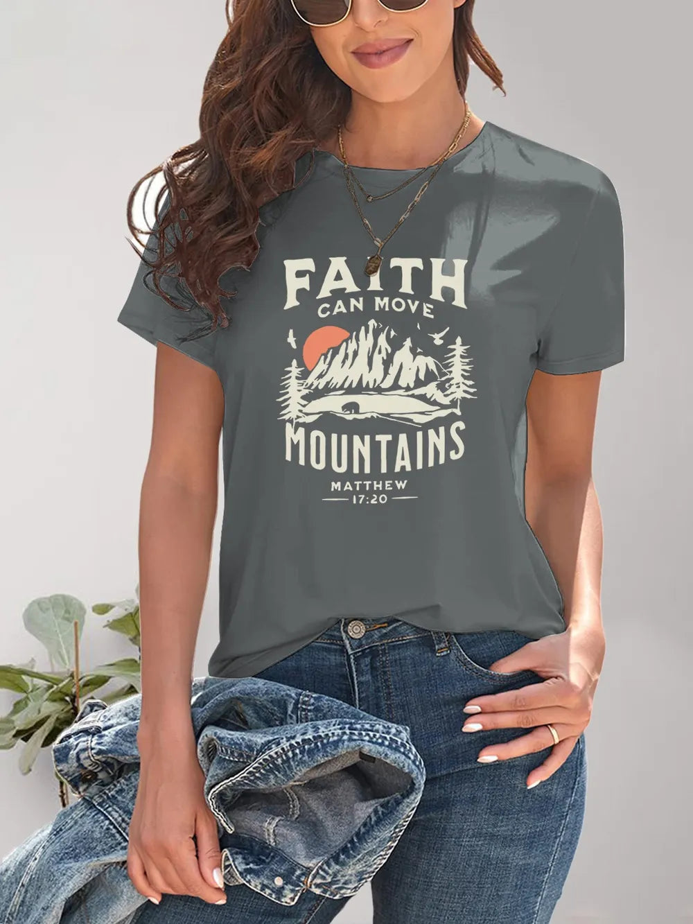 Graphic Round Neck Short Sleeve T-Shirt- Faith Can Move Mountains-Dark Gray