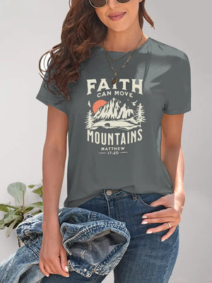 Graphic Round Neck Short Sleeve T-Shirt- Faith Can Move Mountains-Dark Gray