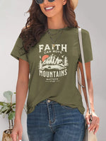 Graphic Round Neck Short Sleeve T-Shirt- Faith Can Move Mountains-Matcha Green-Front