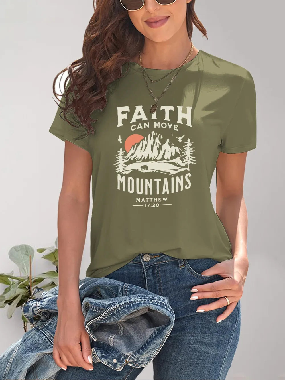 Graphic Round Neck Short Sleeve T-Shirt- Faith Can Move Mountains-Matcha Green