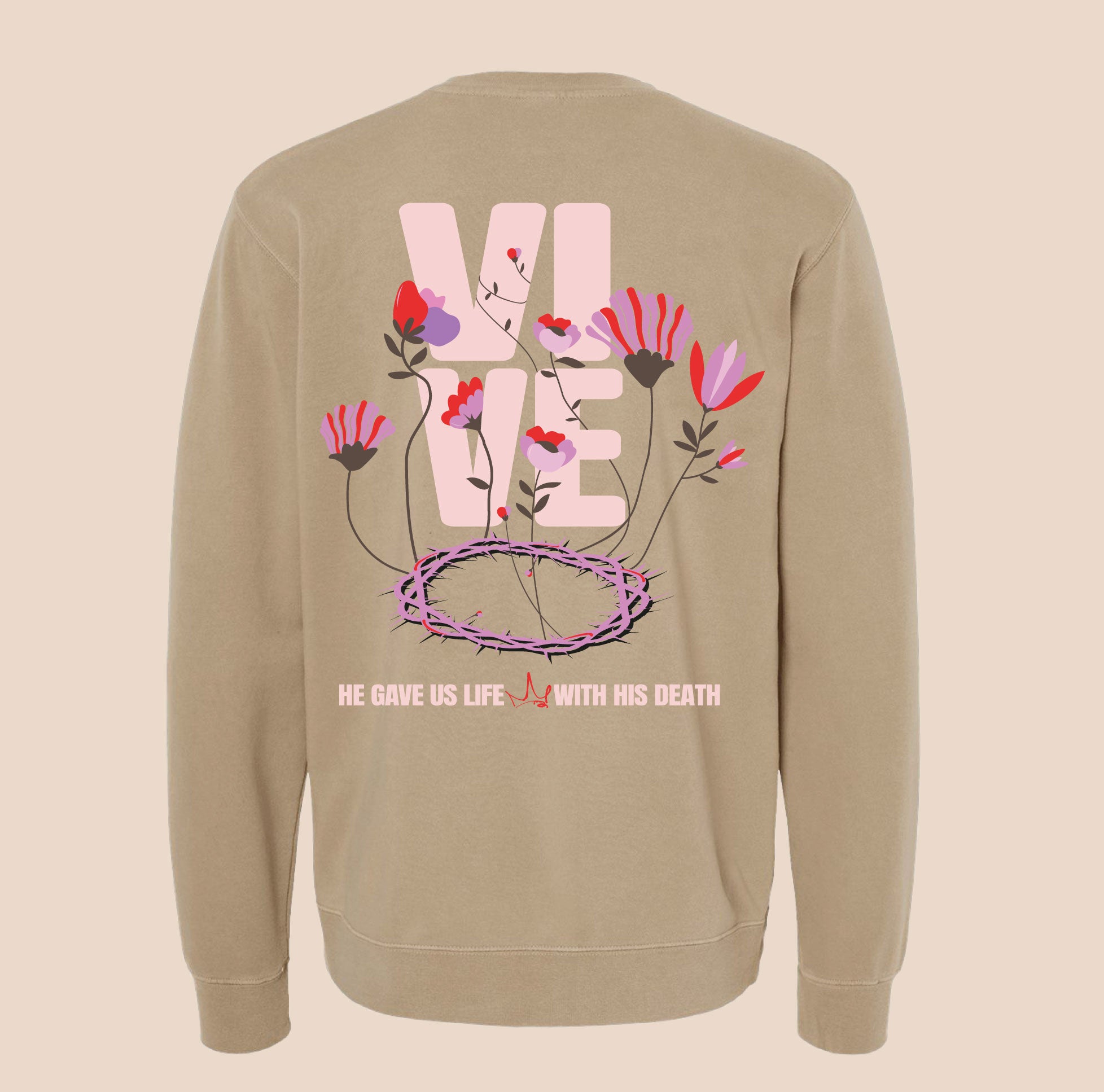 Beige sweatshirt with floral design and text on the back against a beige background