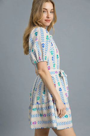 Ivory Umgee Printed Tie Waist Puff Short Sleeve Mini Dress 