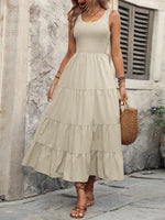 Ivy Lane Smocked Scoop Neck Beige Sleeveless Tank Dress