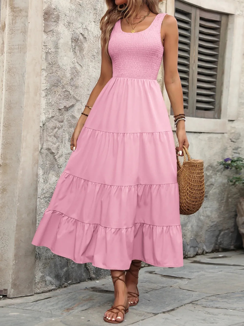 Ivy Lane Smocked Scoop Neck Sleeveless Pink Tank Dress