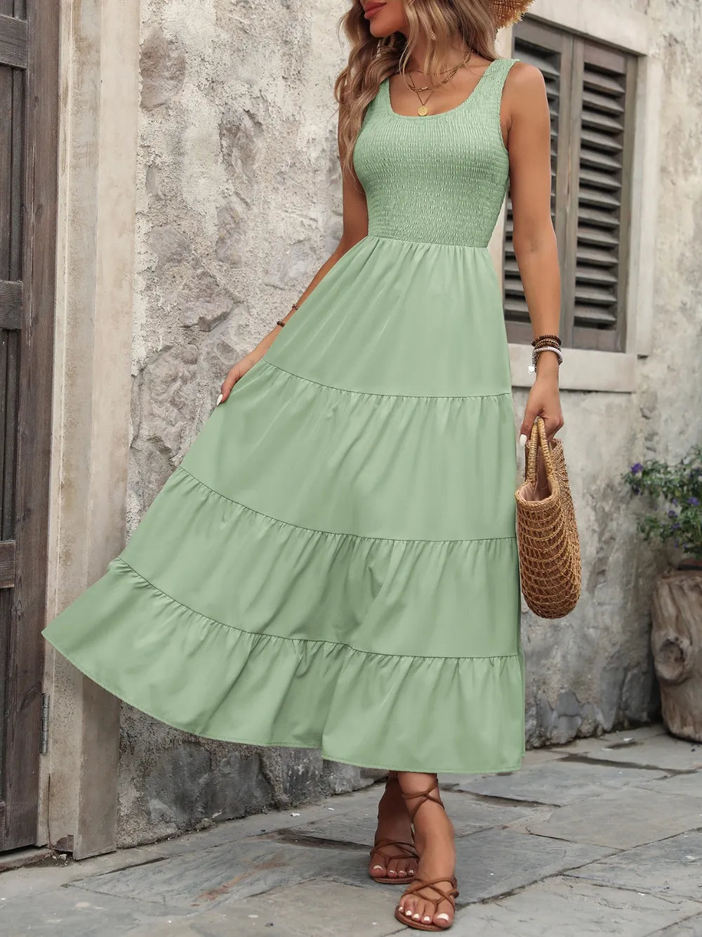 Ivy Lane Sleeveless Light Green Tank Dress with Smocked Waist