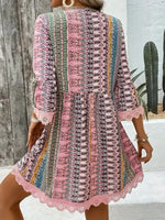 Blush Pink-Lace Trim Printed V-Neck 3/4 Sleeve Dress
