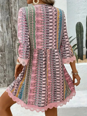 Blush Pink-Lace Trim Printed V-Neck 3/4 Sleeve Dress