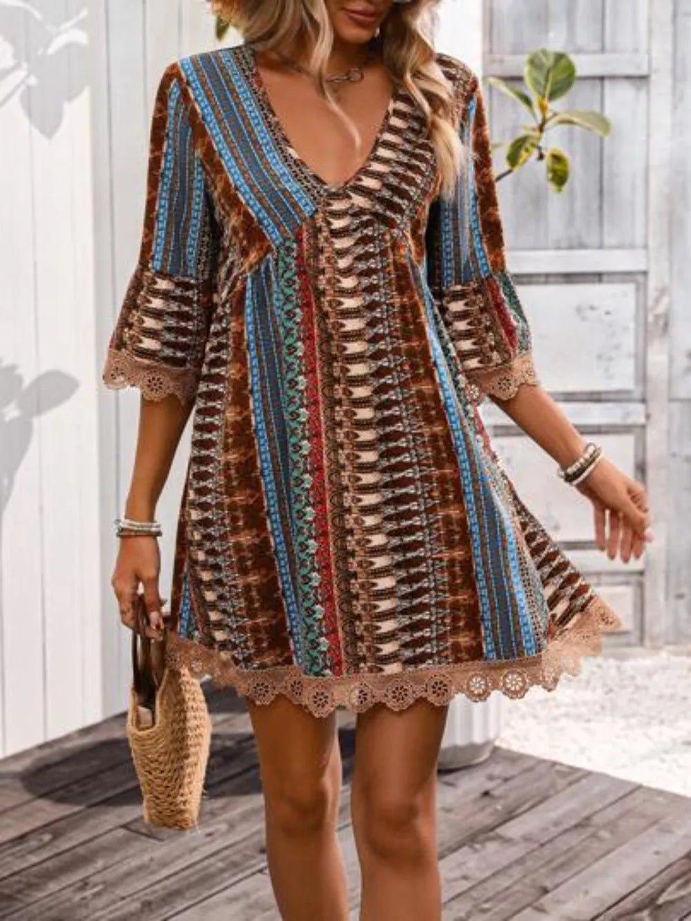 Brown-Lace Trim Printed V-Neck 3/4 Sleeve Dress