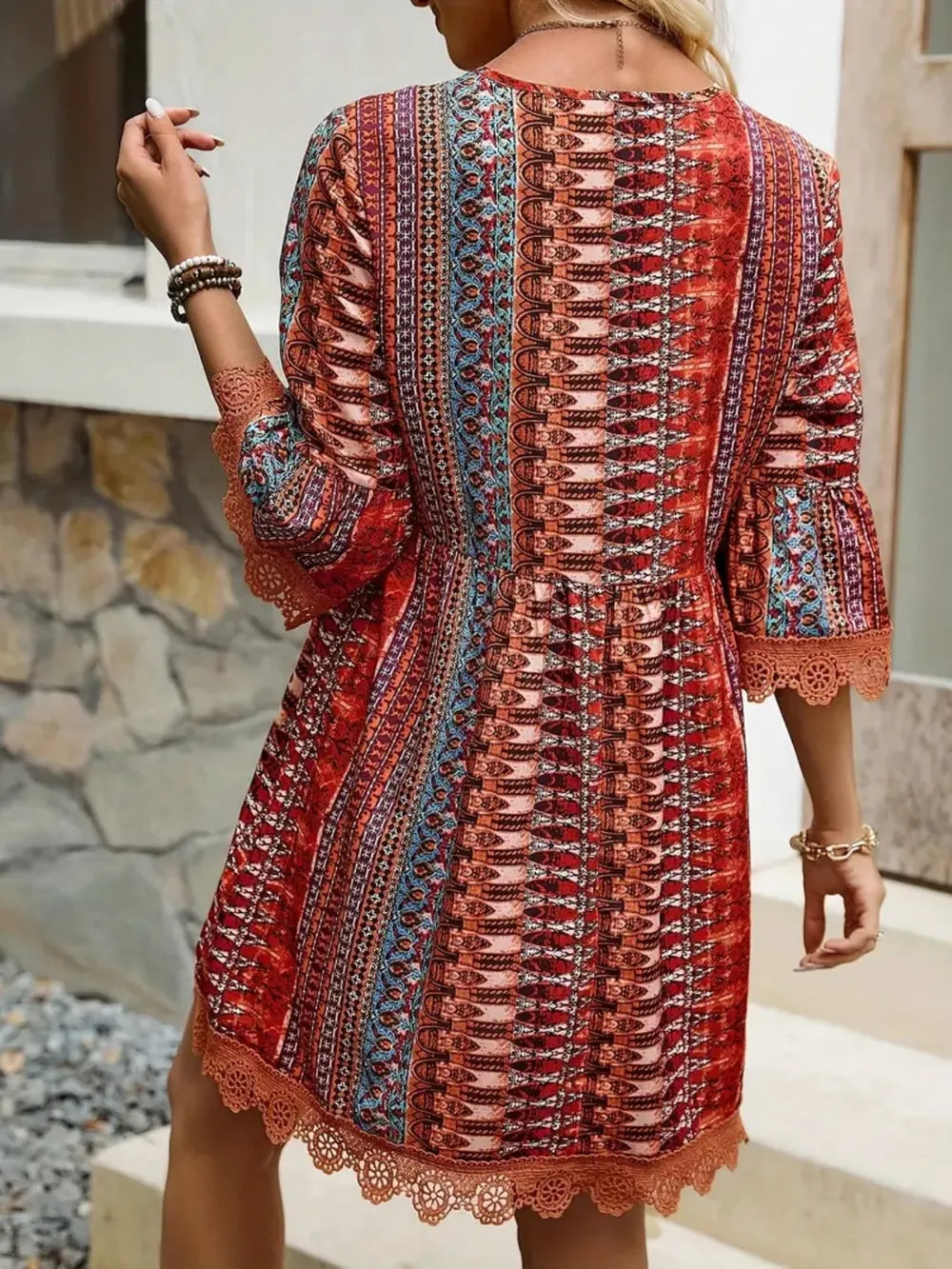 Rust Lace Trim Printed V-Neck 3/4 Sleeve Dress