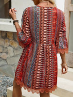 Rust Lace Trim Printed V-Neck 3/4 Sleeve Dress