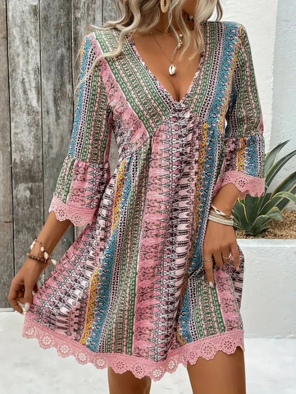 Blush Pink-Lace Trim Printed V-Neck 3/4 Sleeve Dress