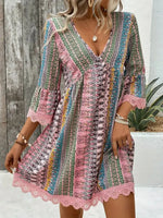 Blush Pink-Lace Trim Printed V-Neck 3/4 Sleeve Dress