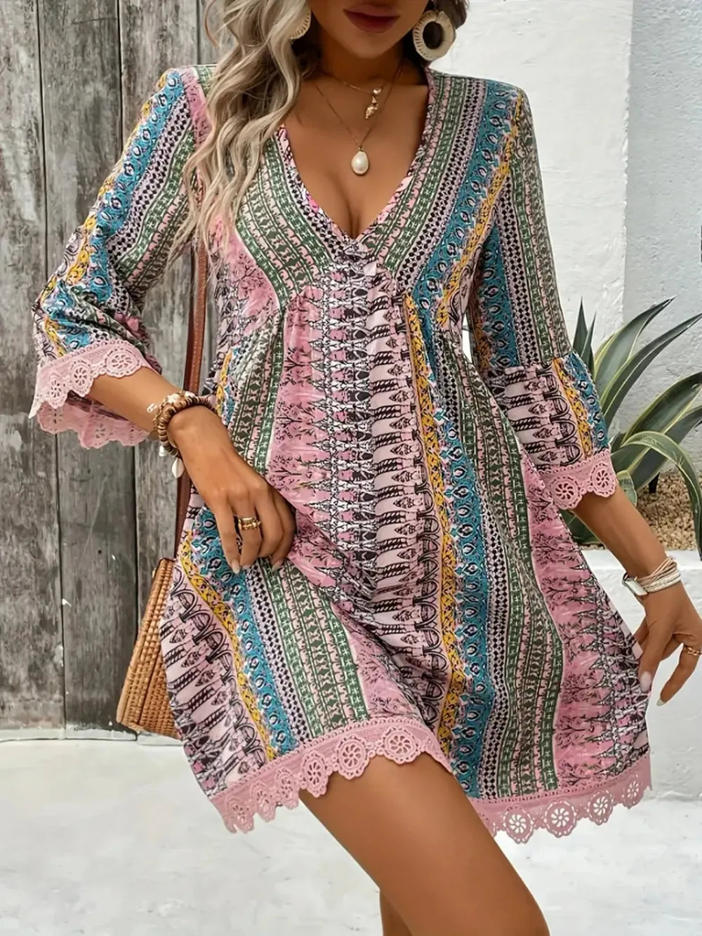 Blush Pink-Lace Trim Printed V-Neck 3/4 Sleeve Dress