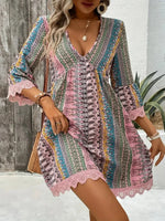 Blush Pink-Lace Trim Printed V-Neck 3/4 Sleeve Dress