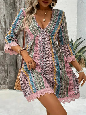 Blush Pink-Lace Trim Printed V-Neck 3/4 Sleeve Dress