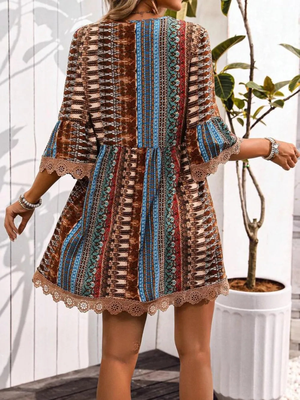 Brown-Lace Trim Printed V-Neck 3/4 Sleeve Dress