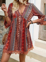 Brown-Lace Trim Printed V-Neck 3/4 Sleeve Dress