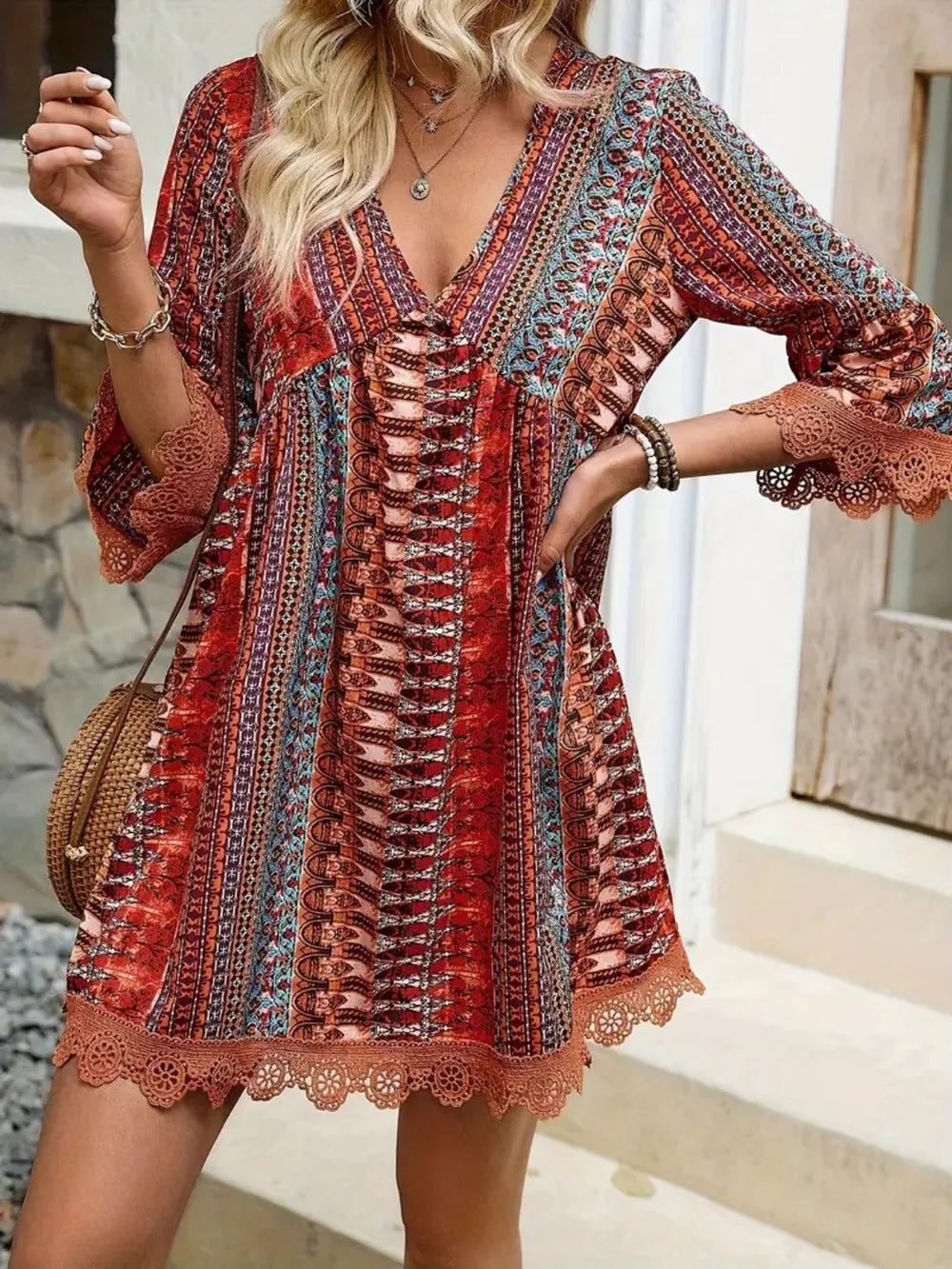 Lace Trim Printed V-Neck 3/4 Sleeve Dress Rust