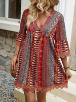 Lace Trim Printed V-Neck 3/4 Sleeve Dress Rust