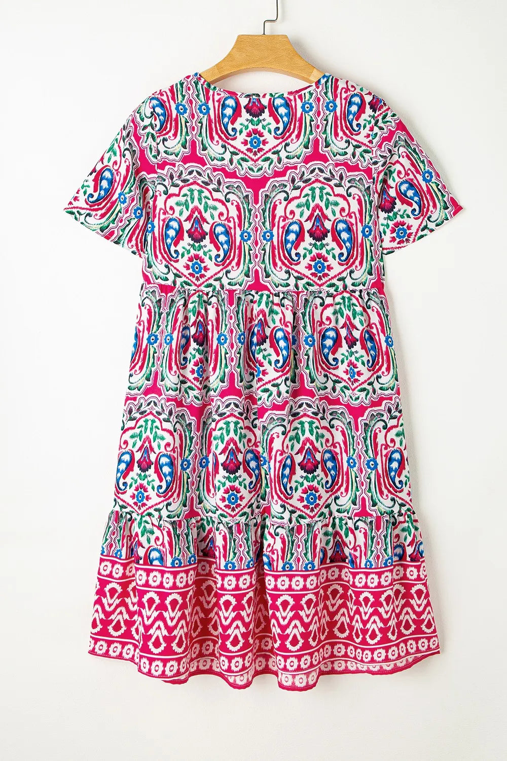 Printed Tie Neck Floral Short Sleeve Dress-Back