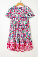 Printed Tie Neck Floral Short Sleeve Dress-Back