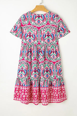 Printed Tie Neck Floral Short Sleeve Dress-Back