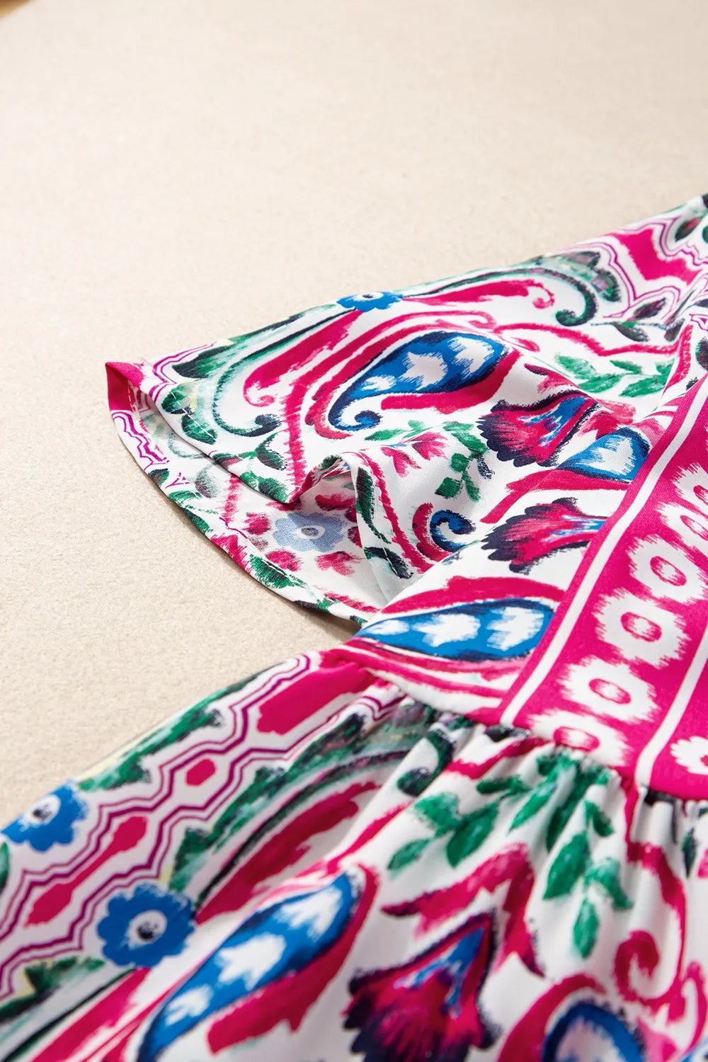 Printed Tie Neck Floral Short Sleeve Dress-angle