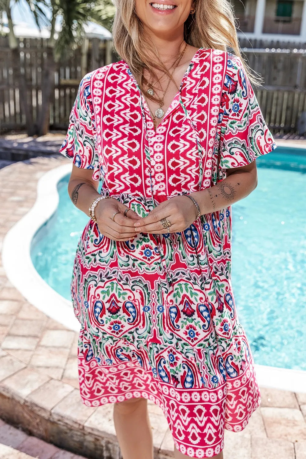 Floral Printed Tie Neck Short Sleeve Dress