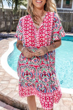Floral Printed Tie Neck Short Sleeve Dress
