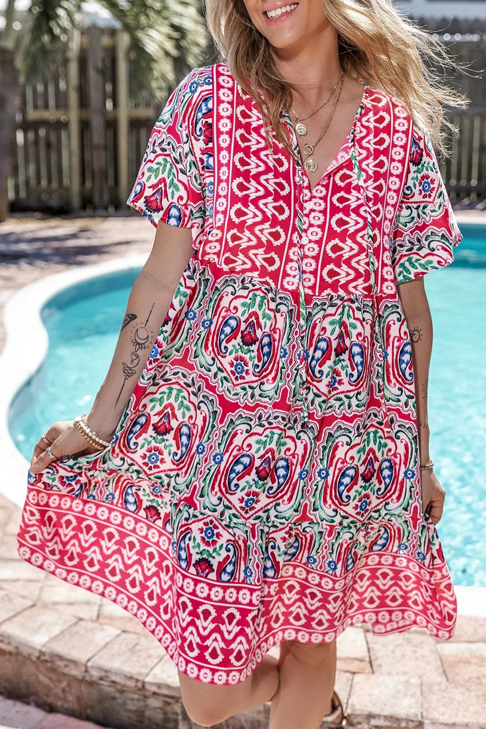 Printed Tie Neck Short Sleeve Floral Dress