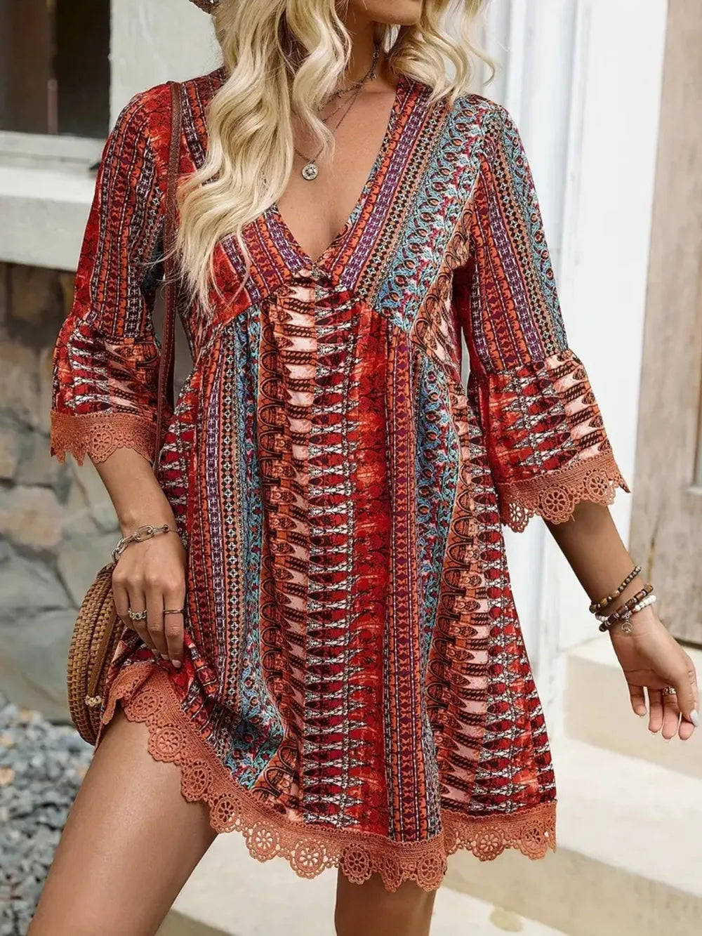 Rust-Lace Trim Printed V-Neck 3/4 Sleeve Dress