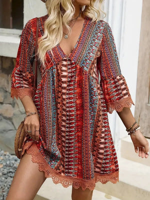Rust-Lace Trim Printed V-Neck 3/4 Sleeve Dress