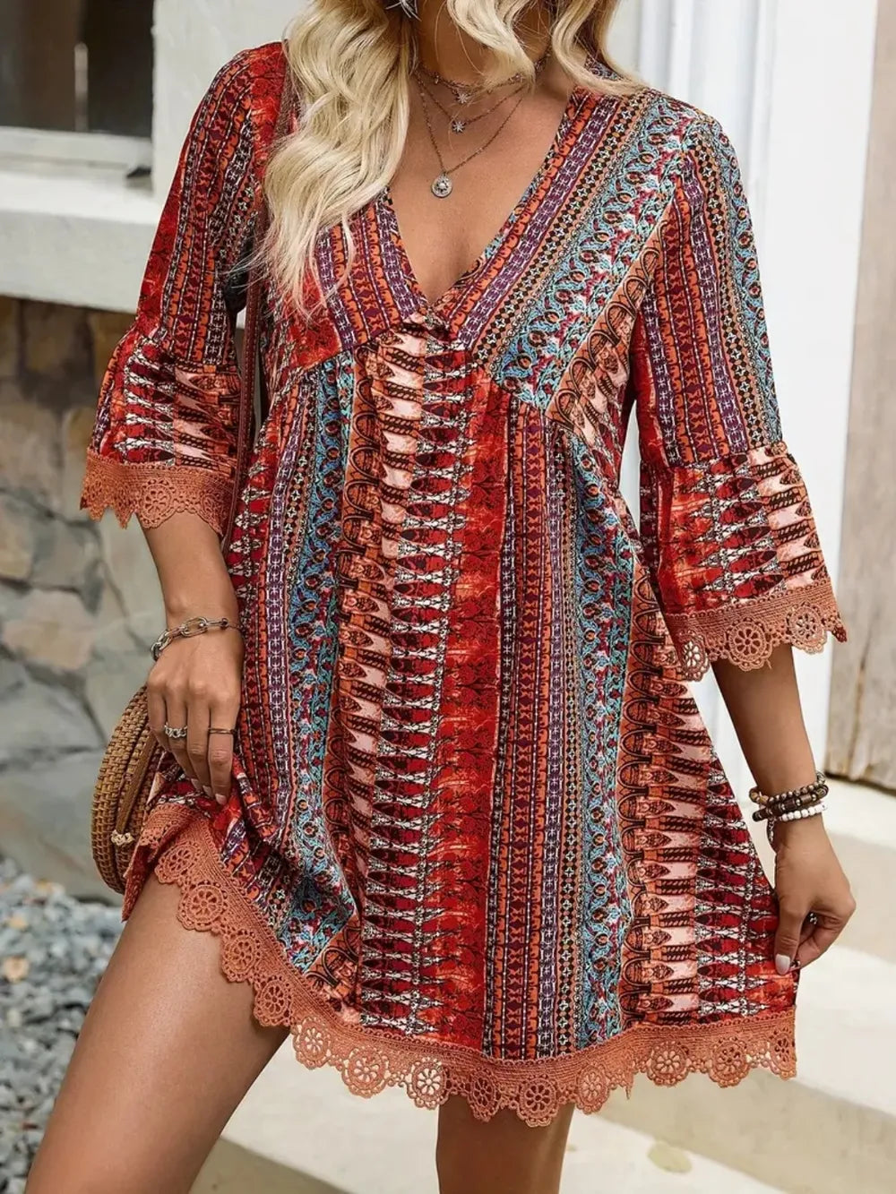Rust Lace Trim Printed V-Neck 3/4 Sleeve Dress