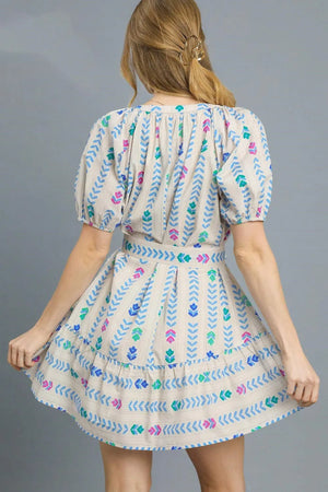 Ivory Umgee Printed Tie Waist Puff Short Sleeve Mini Dress 