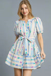 Umgee Printed Tie Waist Puff Short Sleeve Mini Dress Ivory 