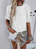 Frill Round Neck Short Sleeve Blouse- White