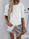 Frill Round Neck Short Sleeve Blouse- White