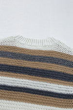 Stripe Color Block Eyelet Knit Short Sleeve Knit Top- Dusty Pink