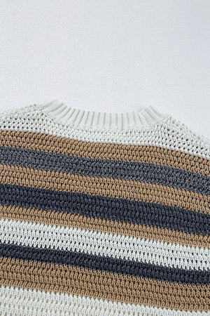 Stripe Color Block Eyelet Knit Short Sleeve Knit Top- Dusty Pink