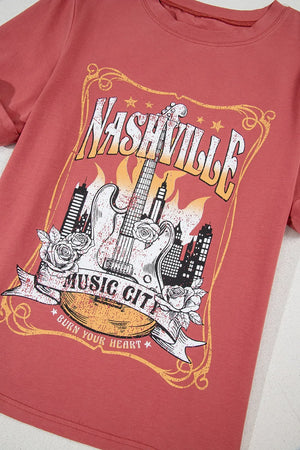 Mineral Nashville Music City Graphic Retro T-Shirt-Burn Coral- Pink
