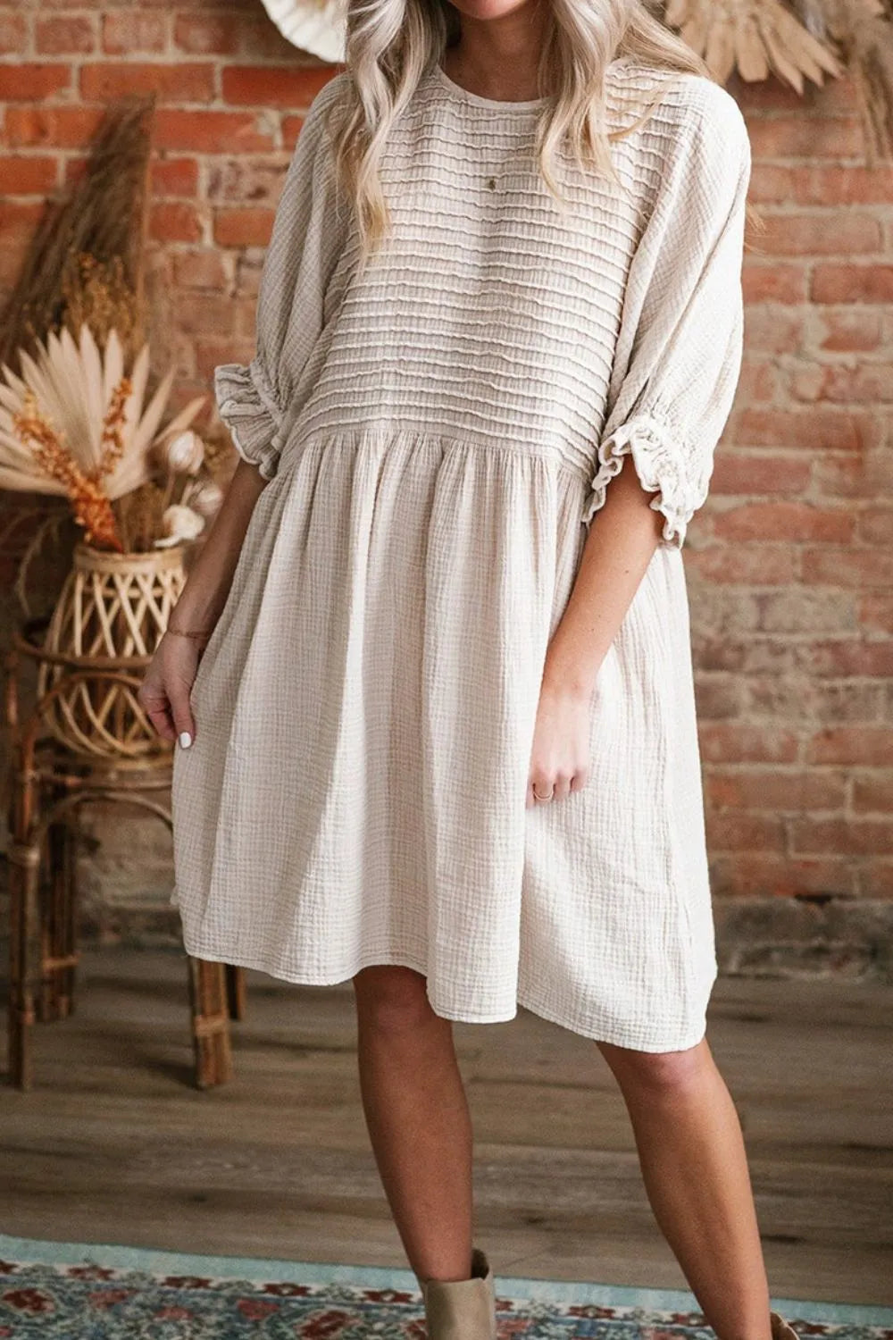 Textured Ruffled Puff Sleeve Loose Dress- Beige- Khaki