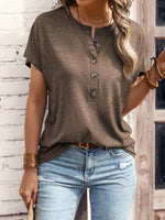 Half Button Short Sleeve Top- Chocolate